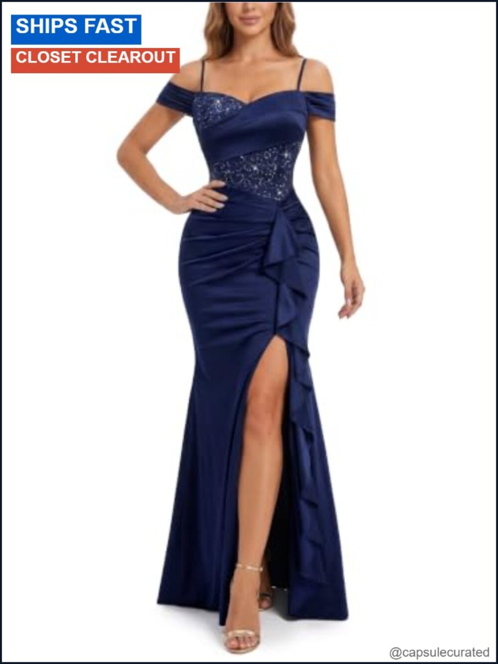 Off Shoulder Lace Sequin Formal Maxi Dress Split Hem Sleeveless